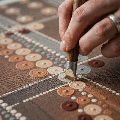 Close up of an artist hand using a traditional tool to apply dots to a canvas