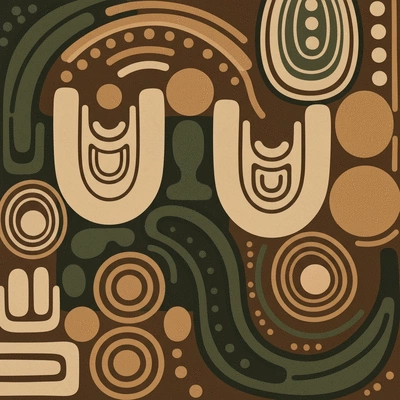 Abstract depiction of Aboriginal symbols representing community and connection, with U-shapes and circles, natural earthy colors, no text, no words, no typography, 8K, clean image