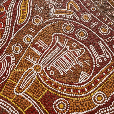 Traditional Aboriginal dot painting on a textured surface