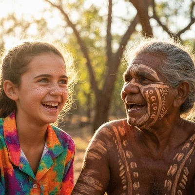 Elder and young person sharing stories, illustrating intergenerational language transfer