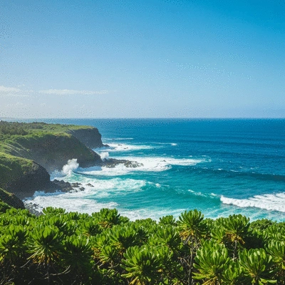 A beautiful coastal landscape featuring rocky cliffs and lush greenery