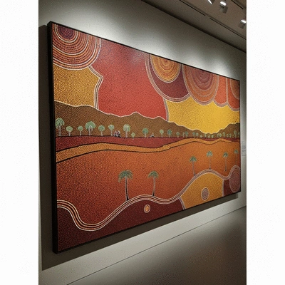 Traditional Aboriginal dot painting depicting ancestral journey across Australian landscape