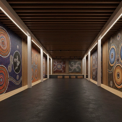 Interior of a modern Aboriginal cultural centre with Indigenous art