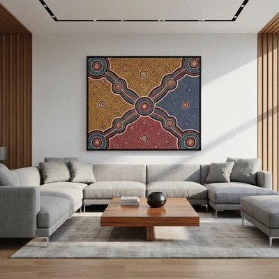 Modern living room showcasing authentic Aboriginal dot painting on the wall