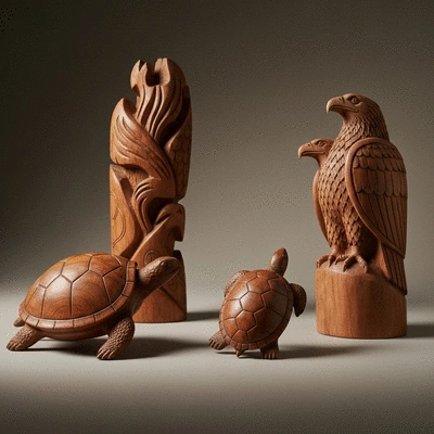 Traditional Aboriginal wooden carvings and symbols displayed on a natural background