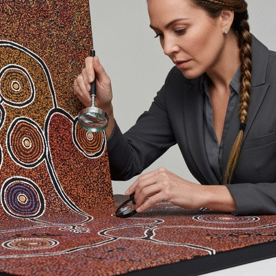 Close up of a professional art appraiser examining an Aboriginal canvas with a magnifying glass