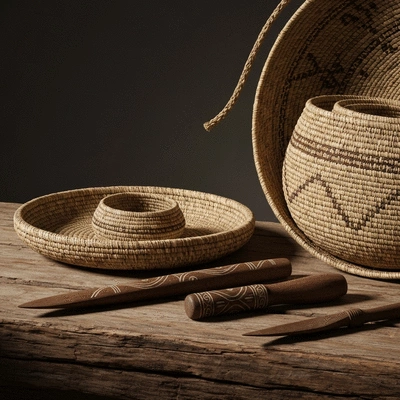 Close up of traditional Aboriginal woven basketry and artifacts