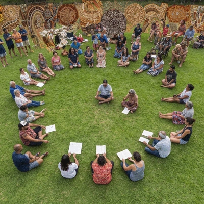 Community gathering with diverse people participating in language learning