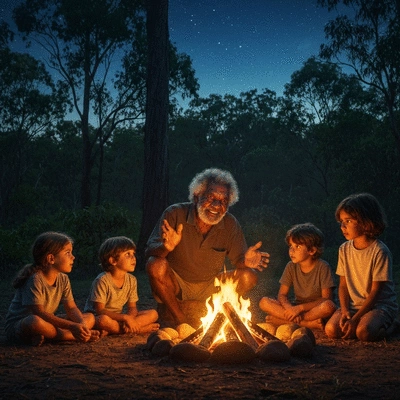 Aboriginal elder telling a dreaming story to children around a campfire