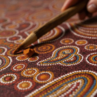 Close-up of a vibrant, authentic Aboriginal dot painting on canvas, highlighting intricate patterns and colors, with traditional tools subtly in the background.