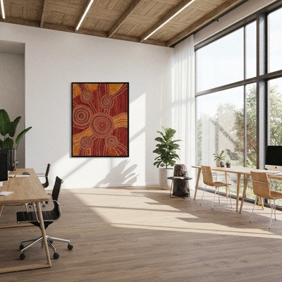 Artistic close-up of natural red earth and yellow sun patterns in a modern lifestyle setting