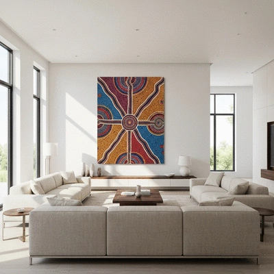 Modern living room interior with a large authentic Aboriginal dot painting on the wall