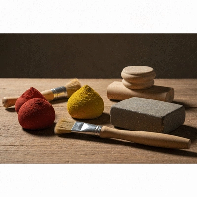 Traditional Aboriginal ochre painting tools and natural pigments on a textured surface
