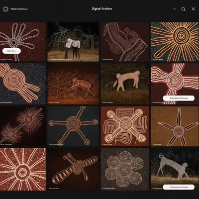 Digital archive interface displaying aboriginal art and cultural symbols