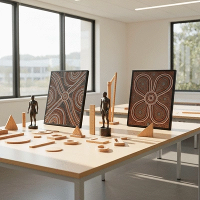 Modern classroom with Aboriginal art and educational materials on a table