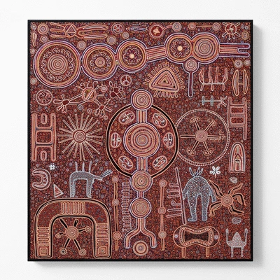 Aboriginal artwork with various symbols depicting a story