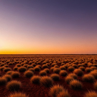 Beautiful Australian outback landscape at sunset with red earth and spinifex grass