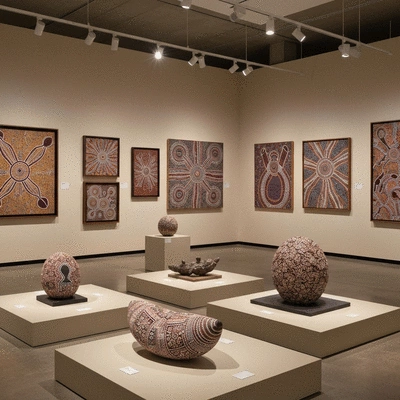 A diverse collection of authentic Aboriginal artworks displayed in a modern gallery setting, with soft lighting and clear labels, no text, no words, no typography, 8K, clean image