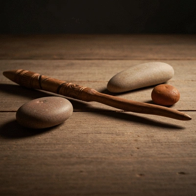 Close up of hand-carved Aboriginal tools and ochre pigments on natural wood surface