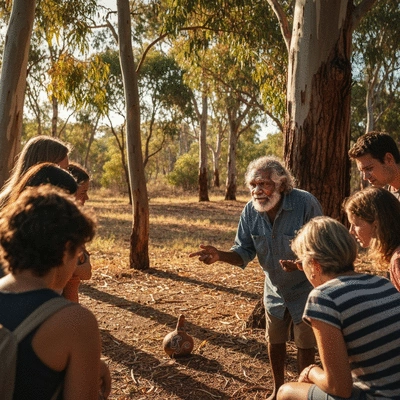 Aboriginal elder sharing stories with a group in a natural setting