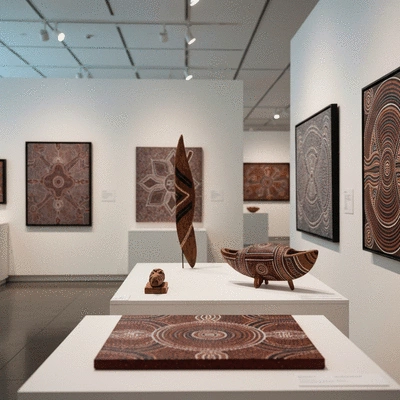 Traditional Aboriginal art pieces displayed in a modern gallery setting